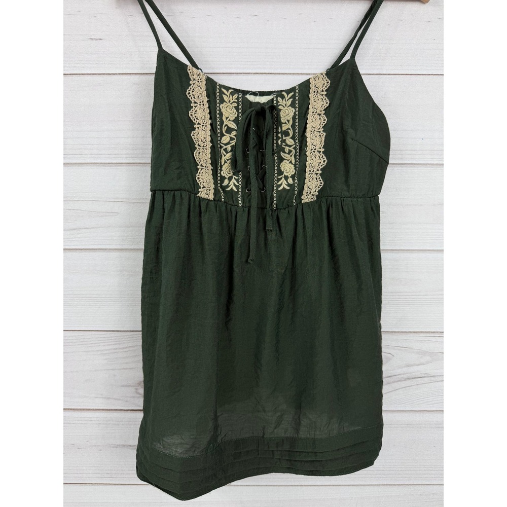 Mine Lace Up Embroidered Baby Doll Top Dark Green Boho‎ Festival Size S